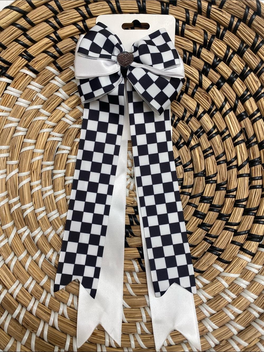 Black & White Checkered Ribbon Bow with Satin Tails - Hand crafted - Picture 2 of 4